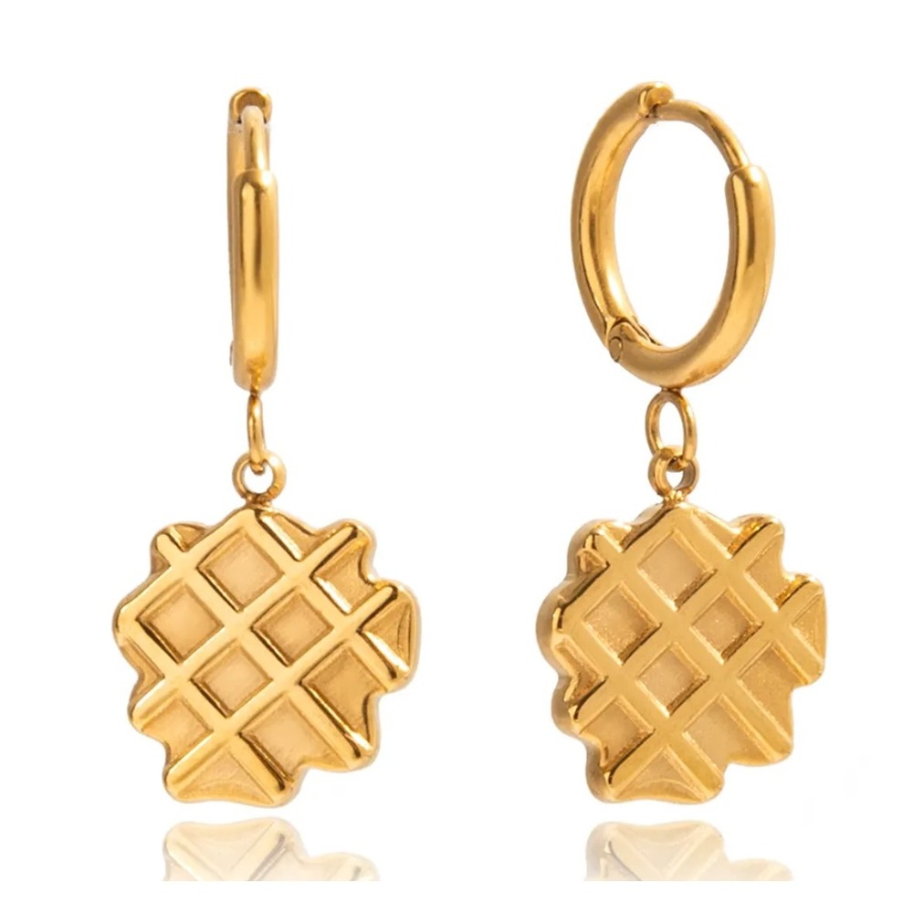 Gold Waffle Charm Huggie Hoop Earrings 14K Gold Plated Stainless Steel Foodie